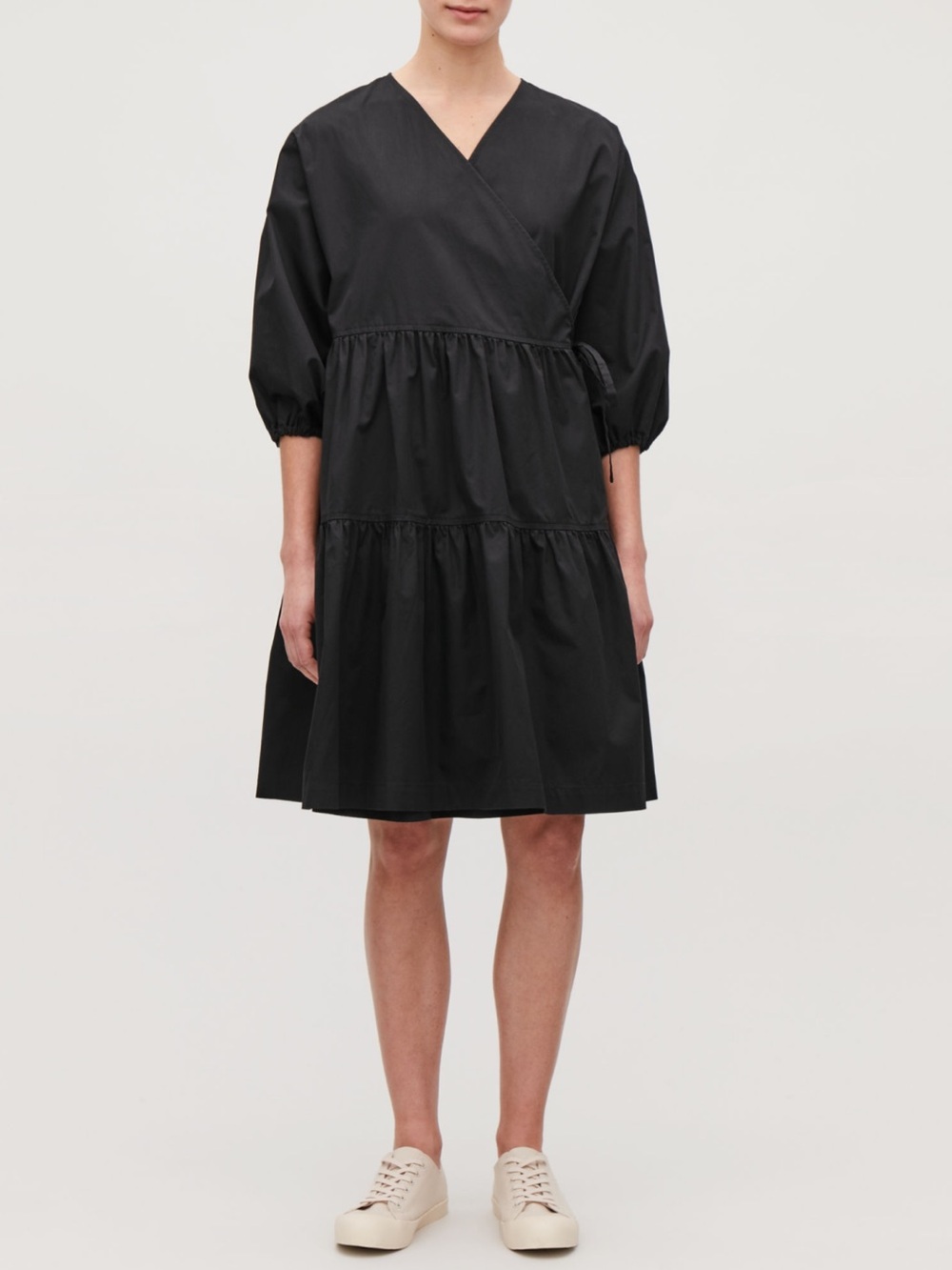 COS Black Cotton Wrap Dress Tiered Balloon Sleeve Oversized Voluminous US 8